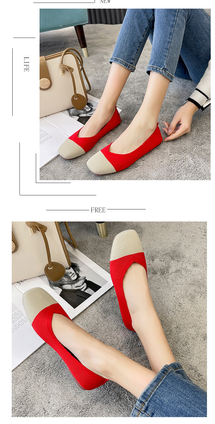 Fashion color matching woven square head flat bottom loafers