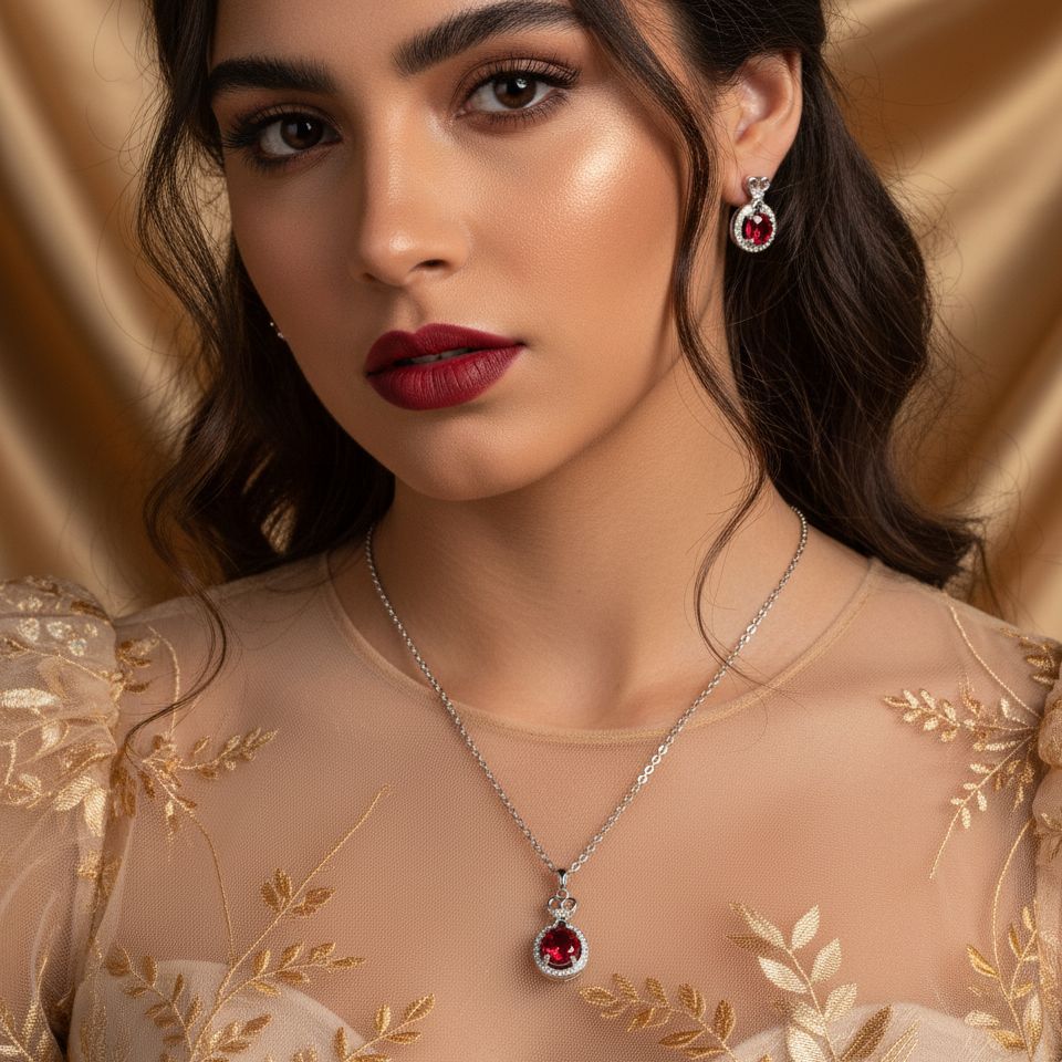 Luxury Ruby Red Crystal Crown Jewelry Set – Necklace Earrings Set for Women
