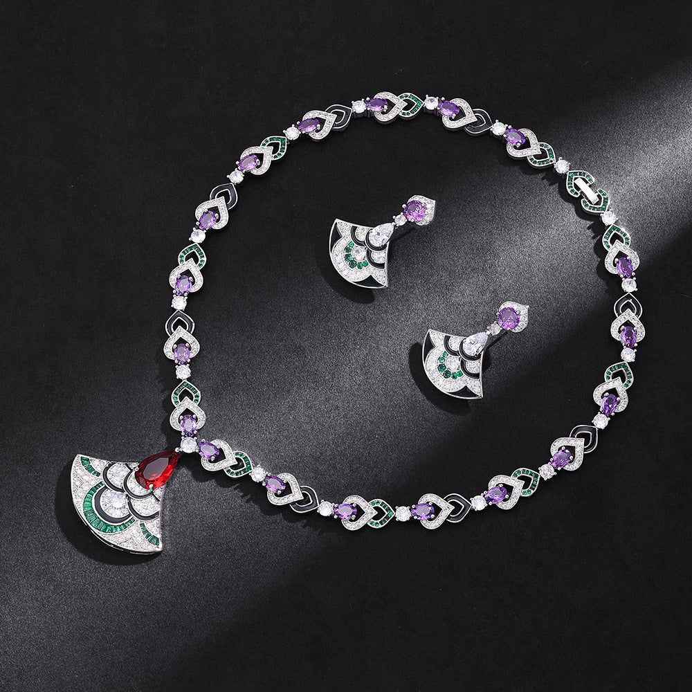 Luxury Green Crystal Necklace Set Gold Plated Copper Alloy Statement Jewelry for Women