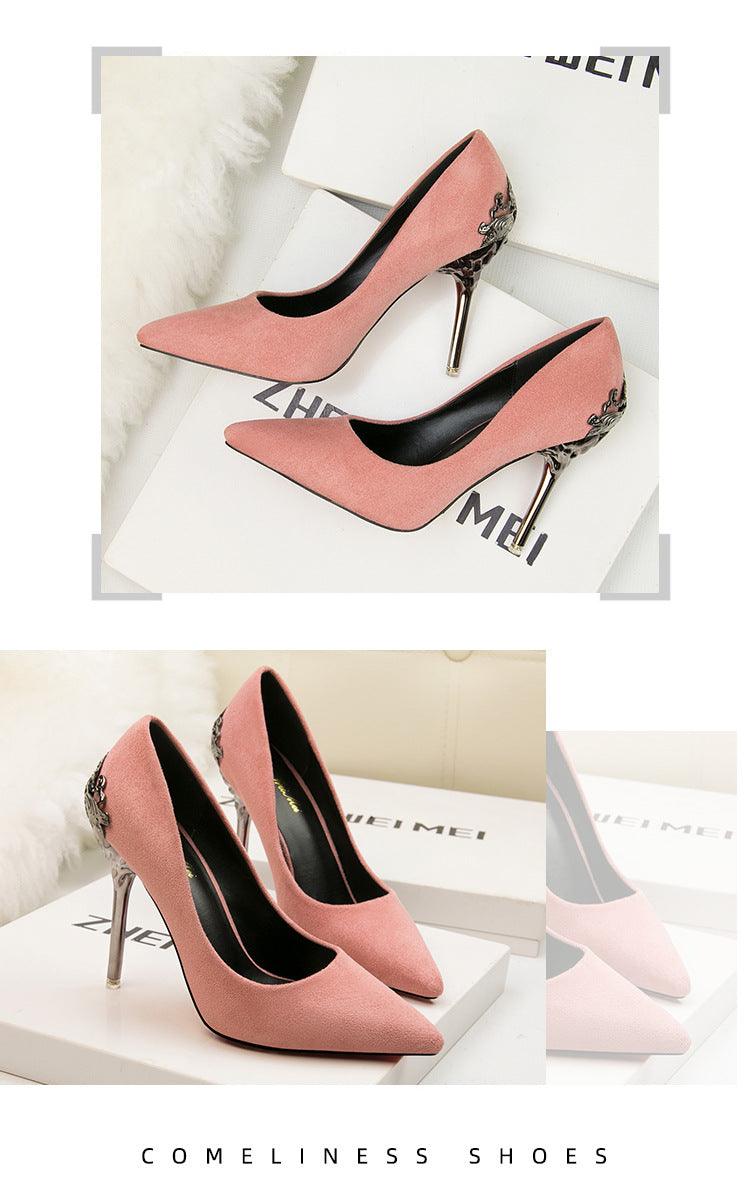 Metal hollow suede pointed heels