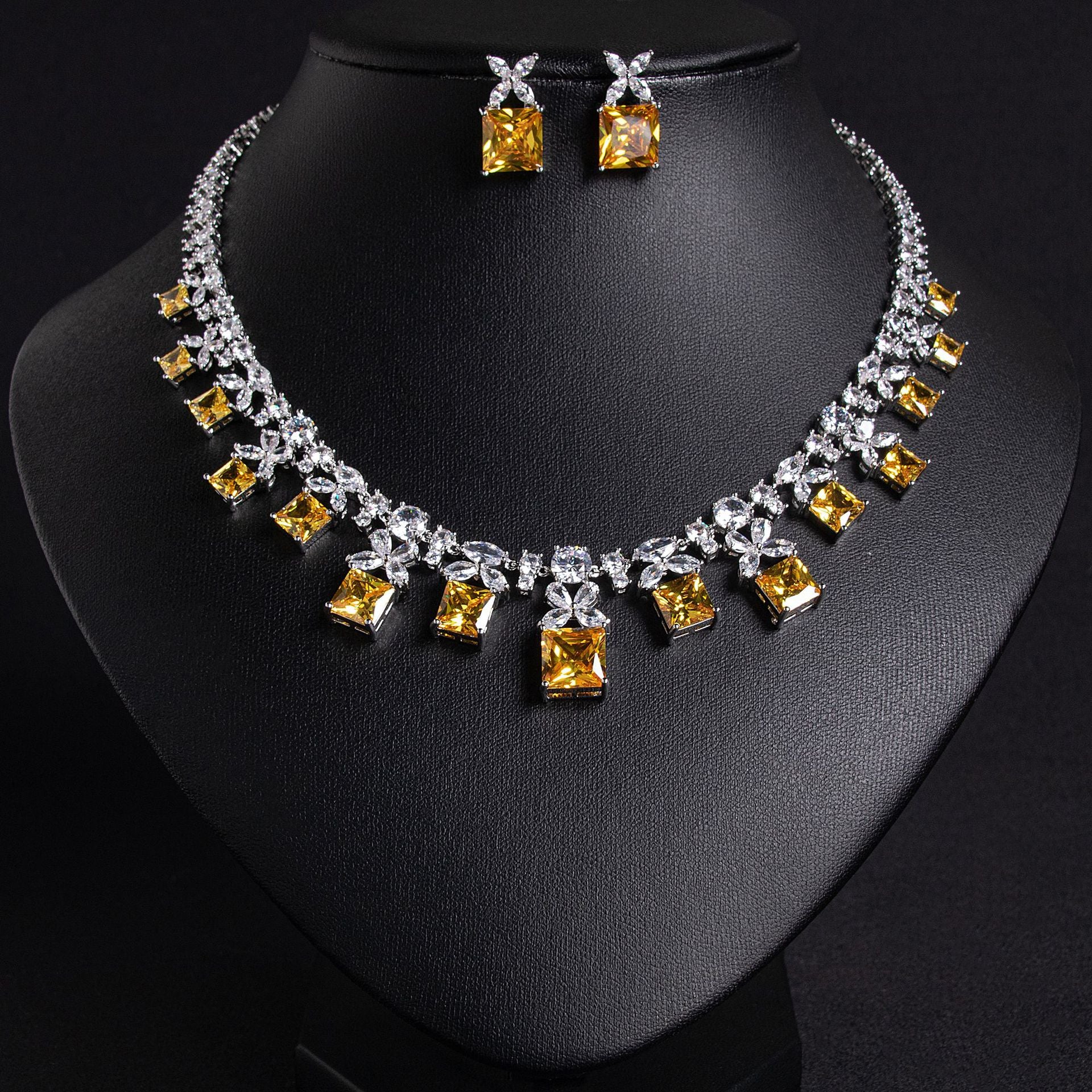 Luxury Ruby Red Square Gemstone Necklace Set for Women – Floral Statement Jewelry with Matching Earrings