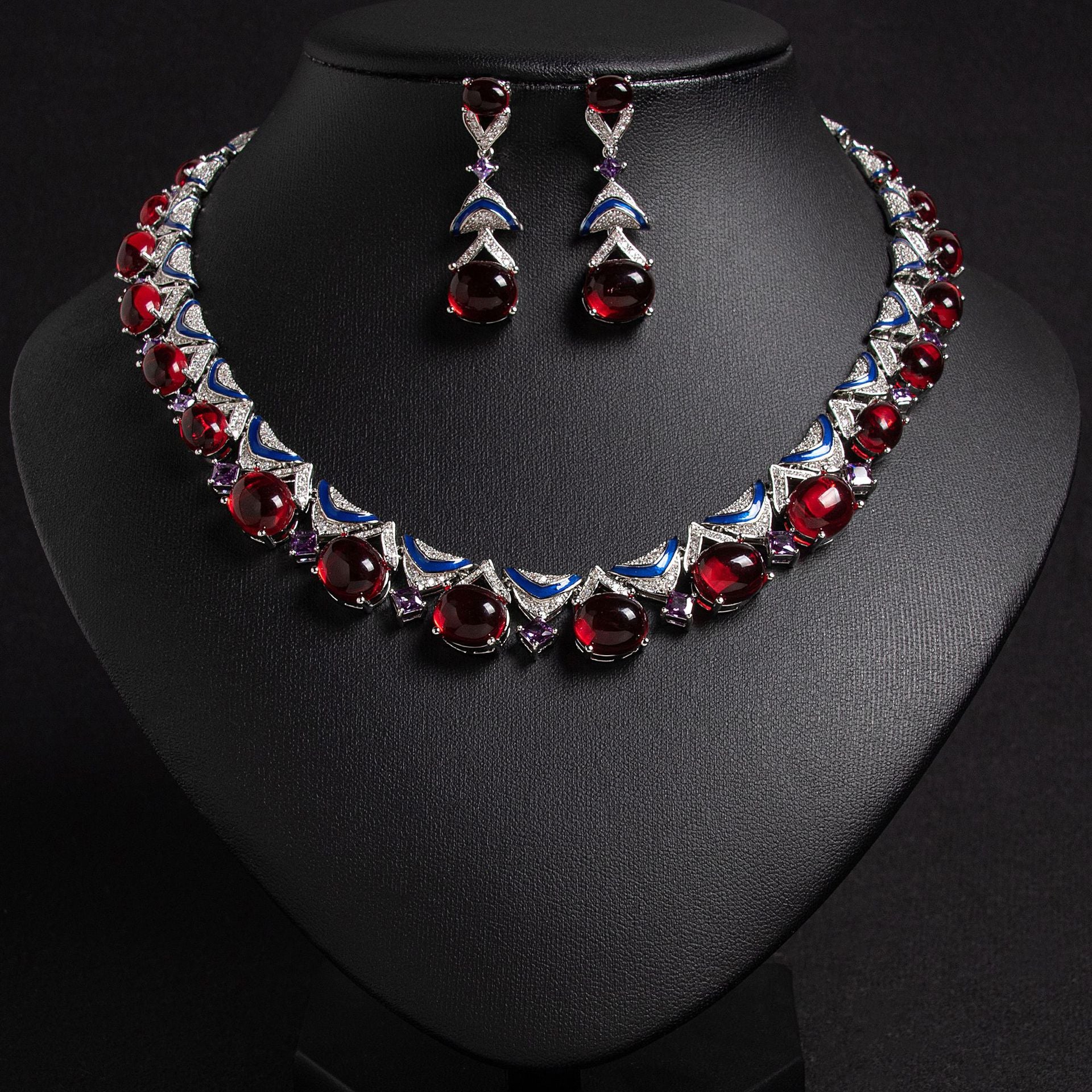 Elegant Ruby Red Crystal Jewelry Set – Luxury Necklace and Earrings for Women