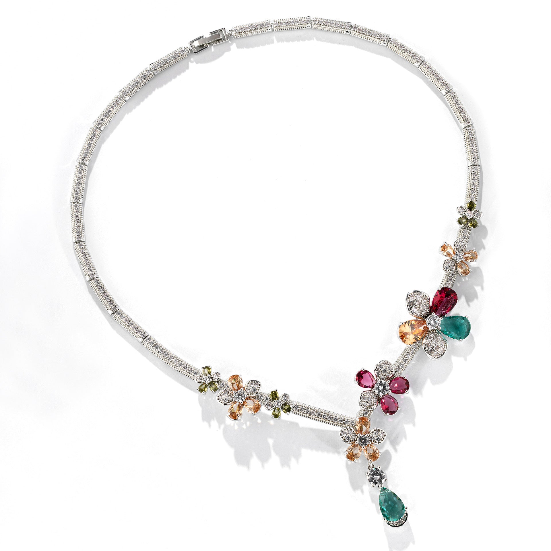 Elegant Multicolor Crystal Flower Necklace and Earrings Set – Luxury Jewelry for Women