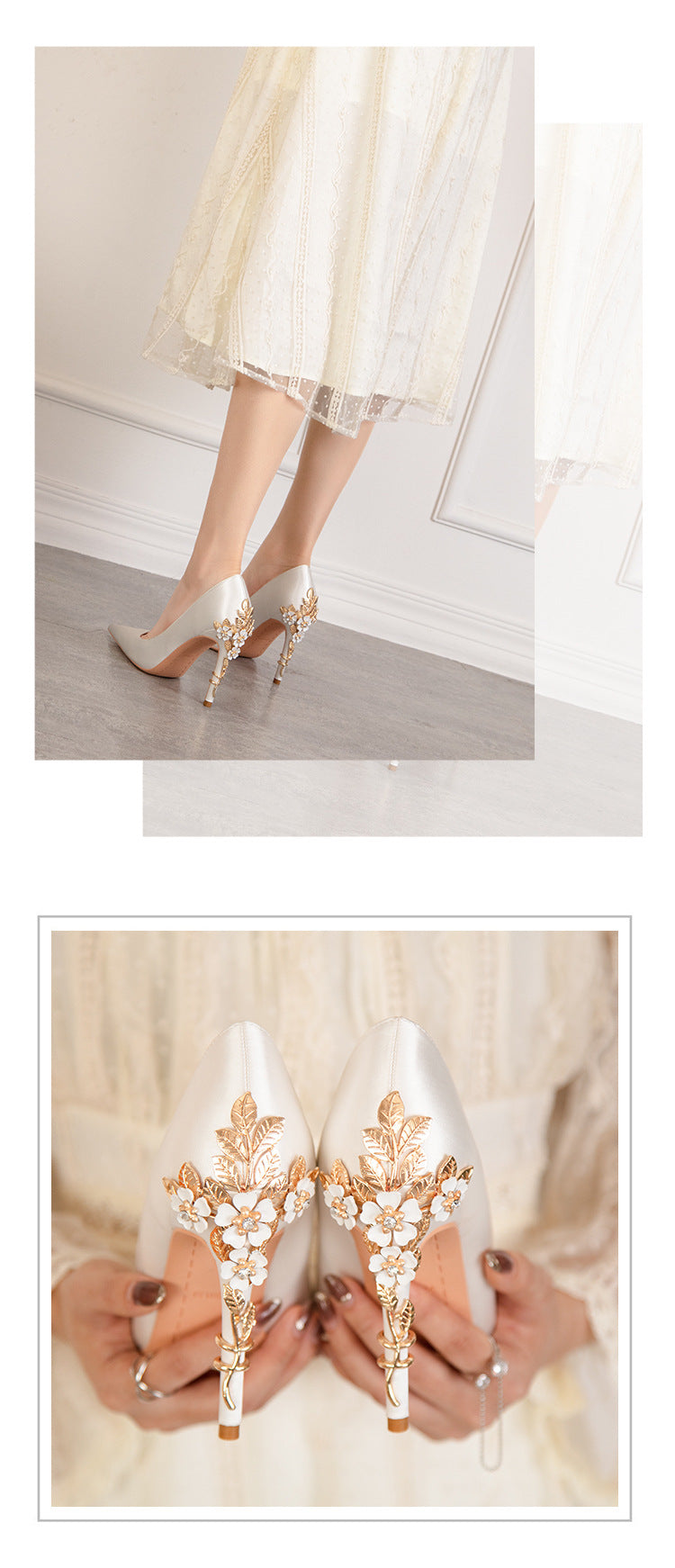 Sexy pointed satin metal flower high heels wedding shoes