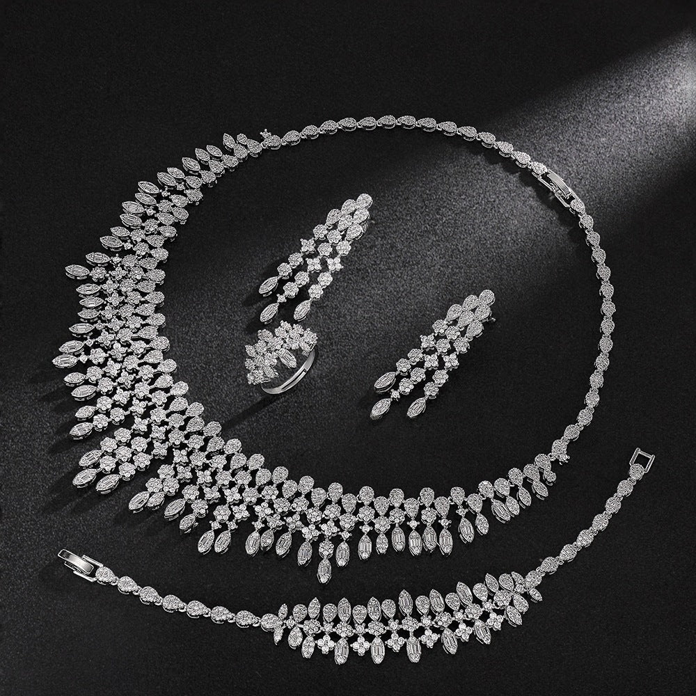 Luxury Crystal Fringe Necklace Set Silver Tone Statement Jewelry Set Earrings Ring Bridal Wedding Jewelry for Women