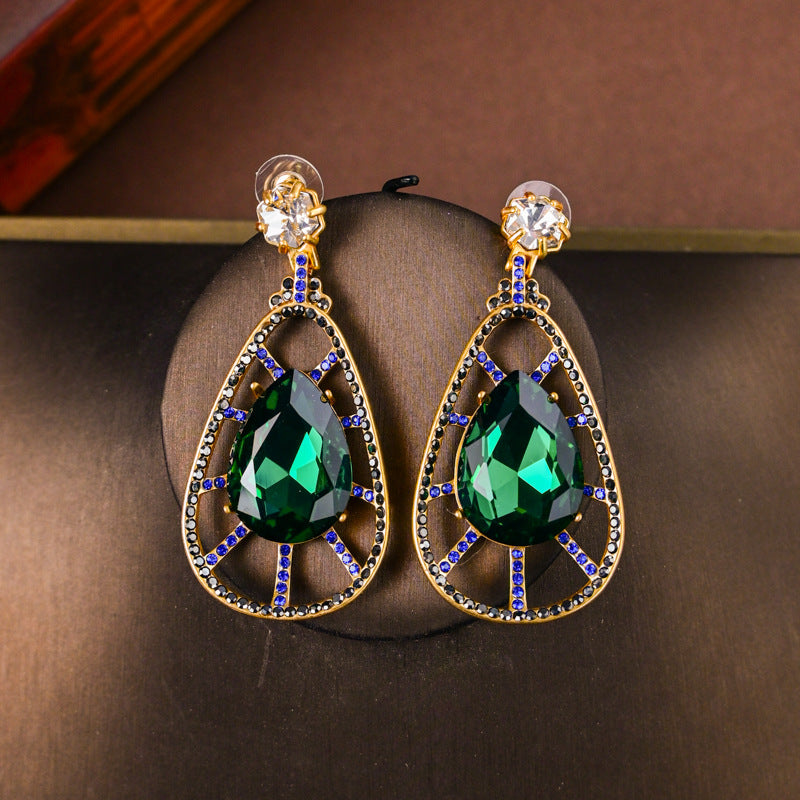 Premium malachite green rhinestone hollow water drop stud earrings