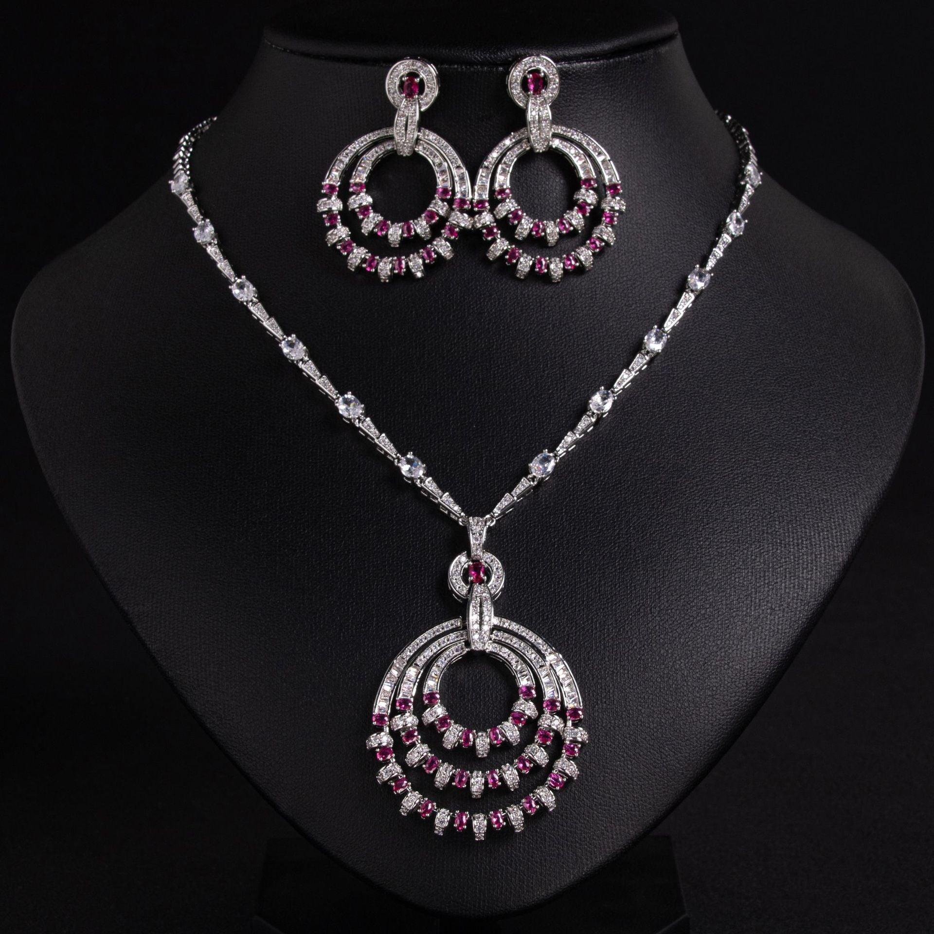 Elegant Blue Crystal Circle Jewelry Set – Silver Necklace Earrings for Women