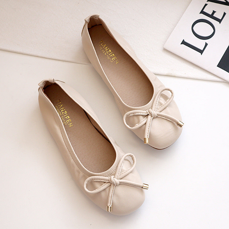 Casual square head soft-soled bow loafers