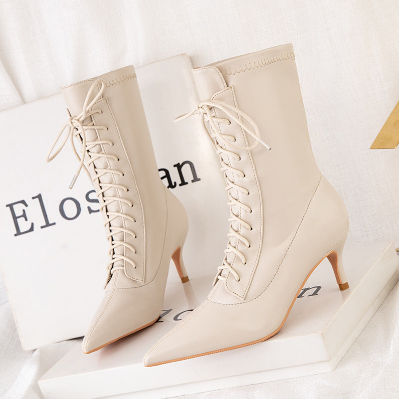 Fashion high-heeled strappy pointed elastic short boots