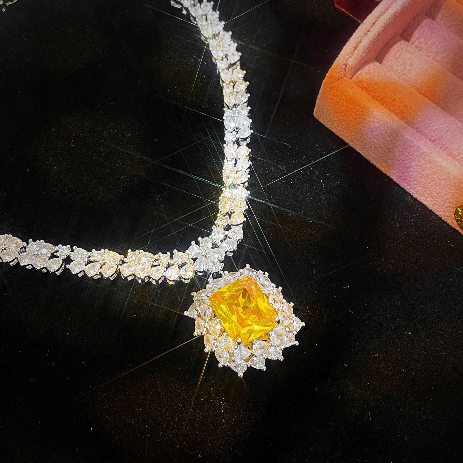 Luxury Yellow Crystal Necklace Ring and Earrings Jewelry Set
