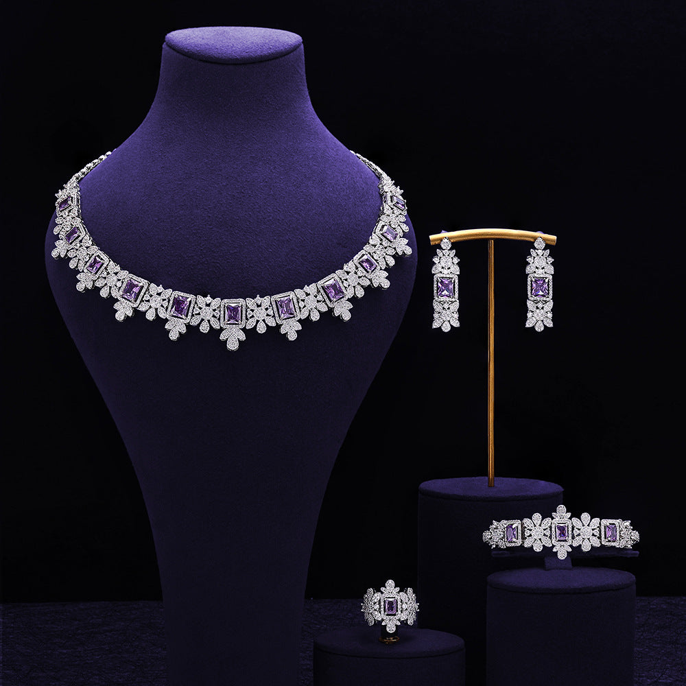 Luxury Purple Crystal Necklace Earrings Bracelet Ring Jewelry Set