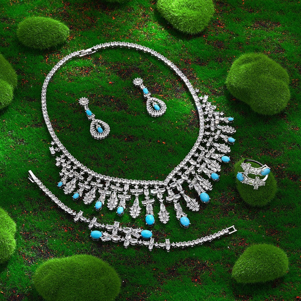 Luxury Silver Crystal Turquoise Blue Jewelry Set Necklace Earrings Ring Bracelet Bridal Wedding Statement Set for Women