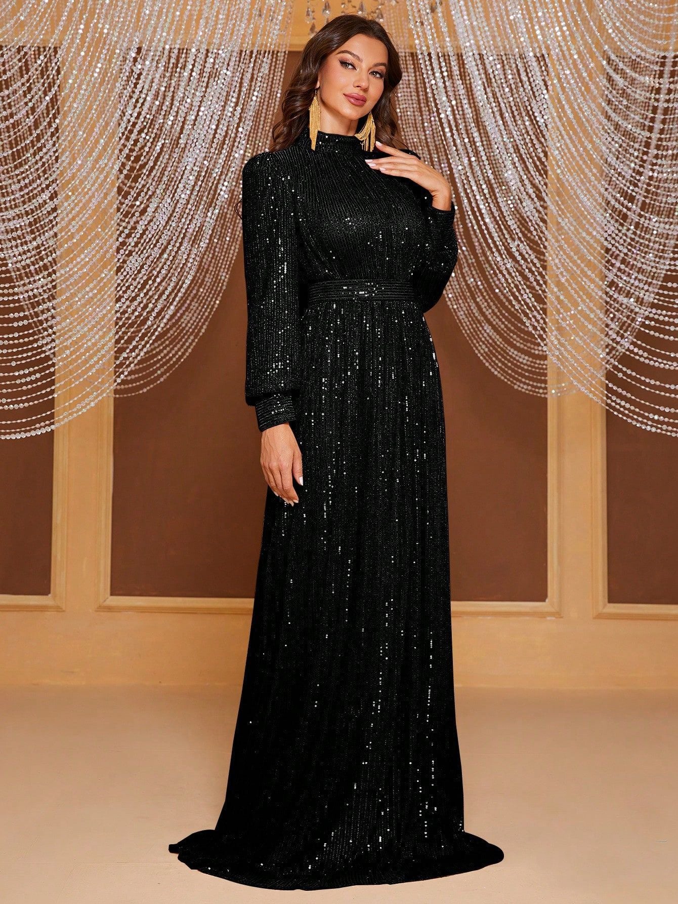 Solid color sequined long-sleeved stand-up neck evening dress long dress