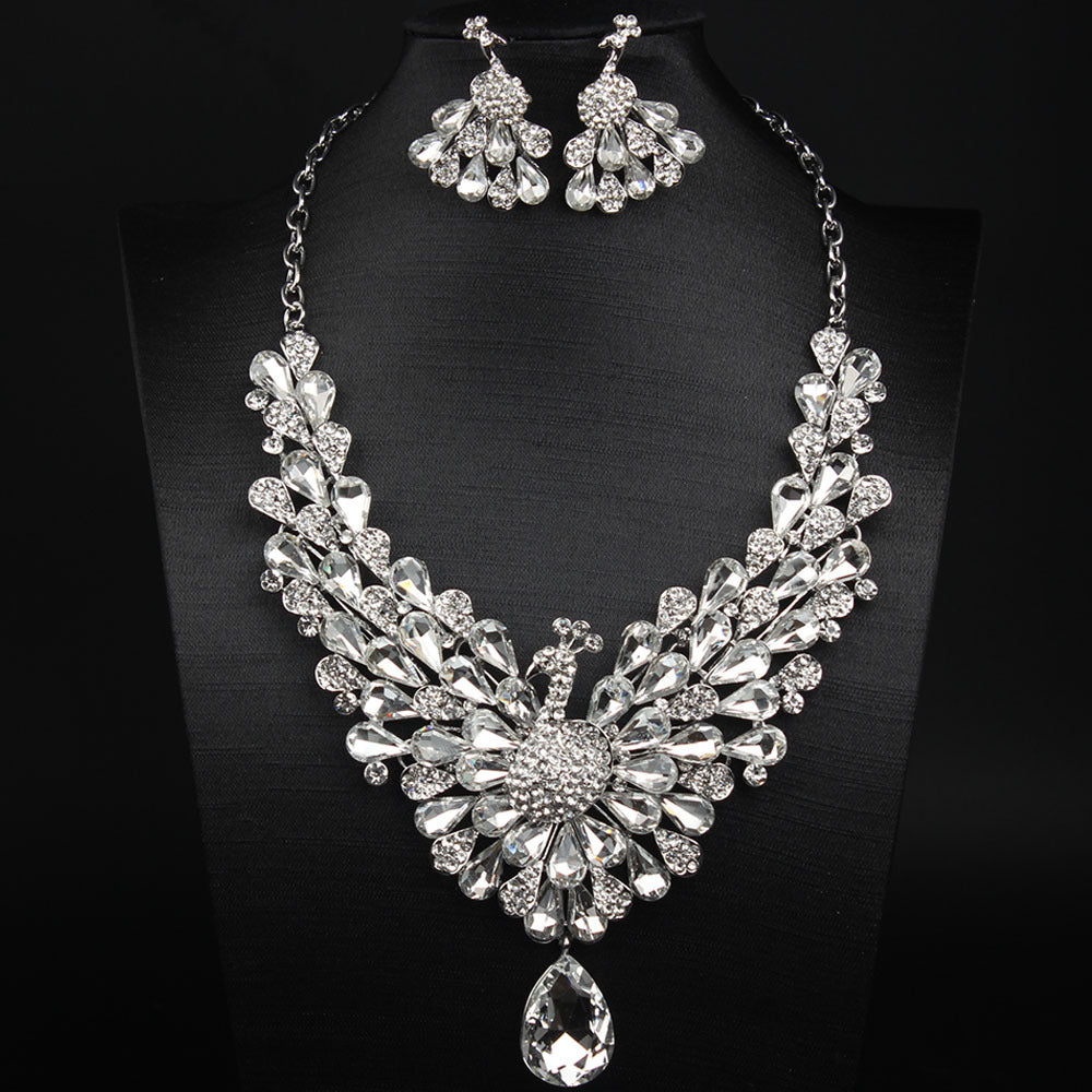 Luxury Emerald Green Peacock Crystal Necklace and Earrings Jewelry Set