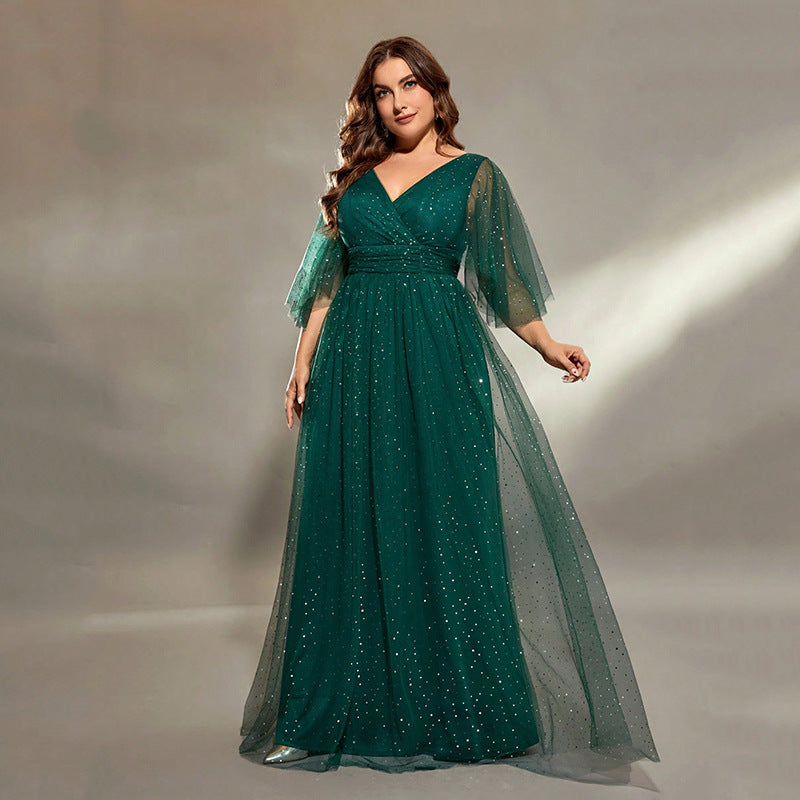 Green plus size fashionable sequin curved mesh dress