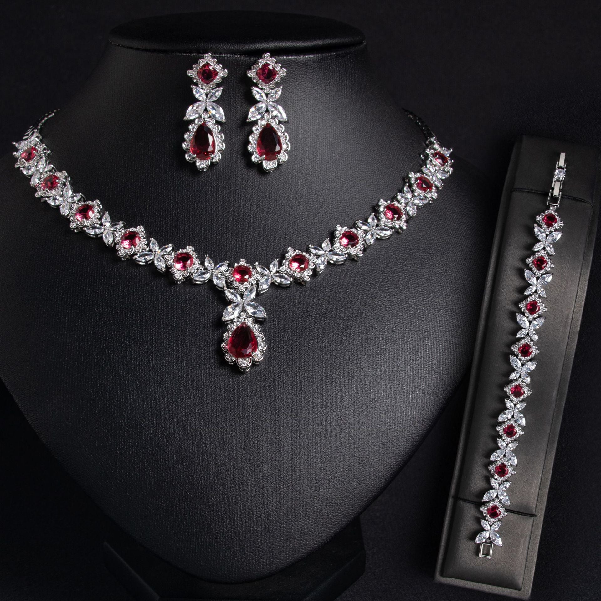 Luxury Emerald Green Crystal Necklace Earrings Bracelet Jewelry Set for Women