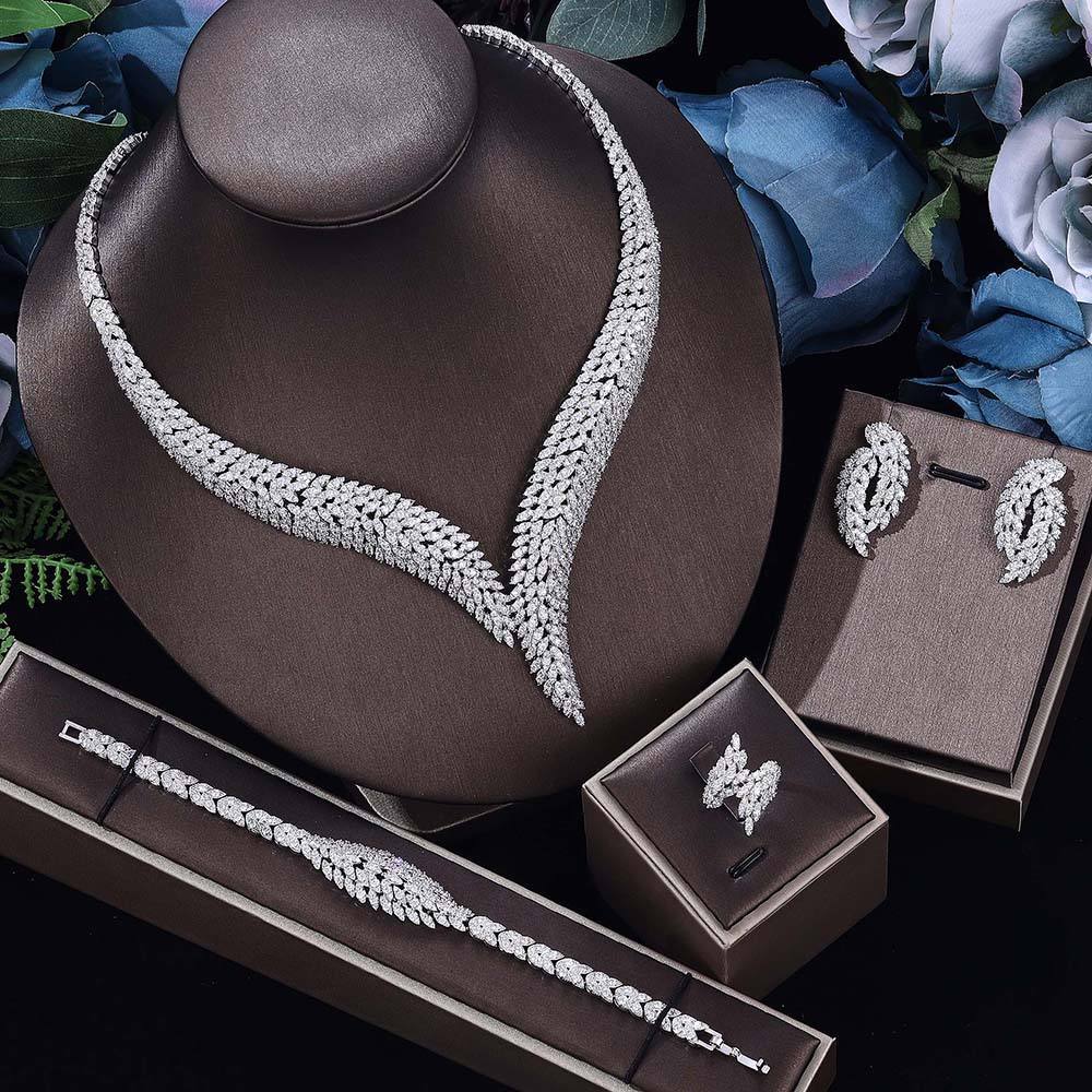 Luxury Gold Crystal Leaf Jewelry Set – Necklace Earrings Bracelet Ring for Women