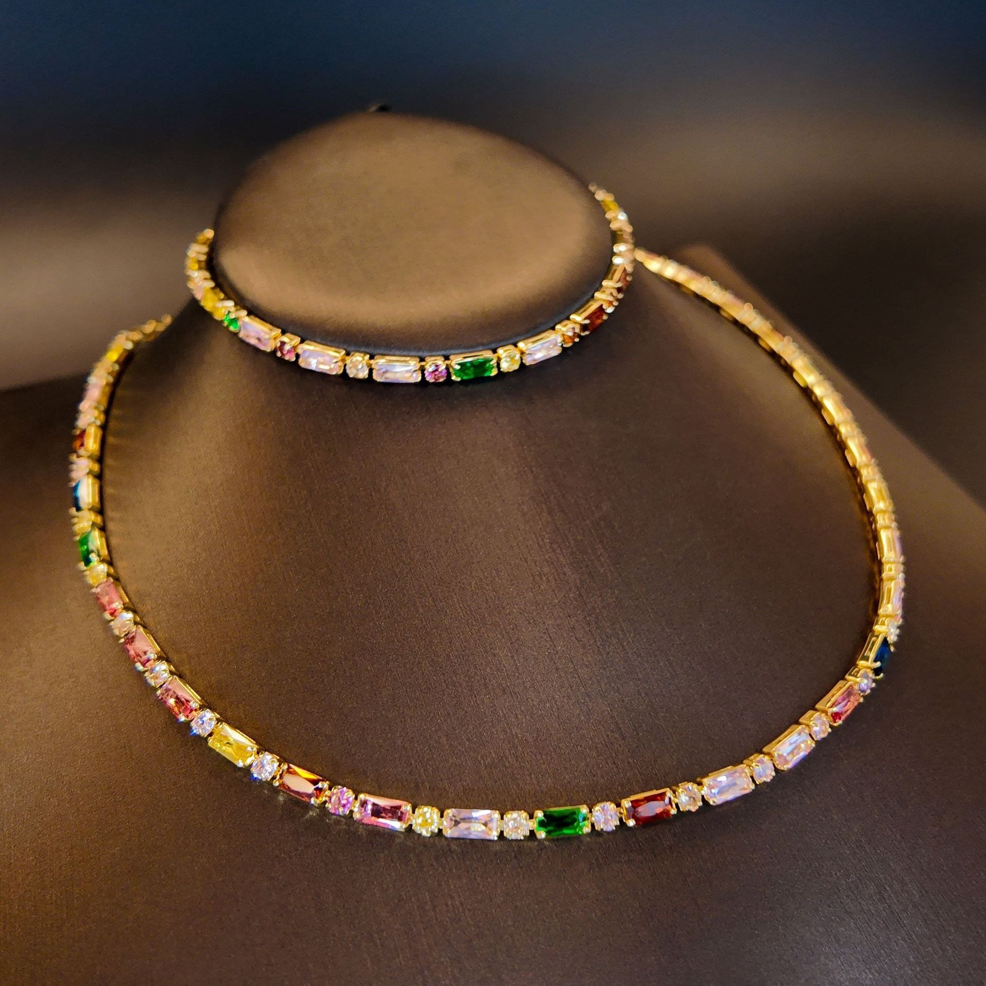 Light Luxury Rainbow Gem Bracelet Necklace Set