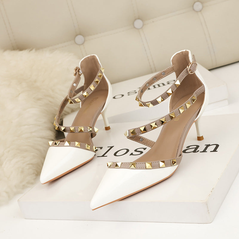 Simple pointed rivets hollow word with high heels sandals