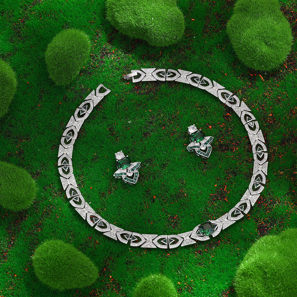 Luxury Green Crystal Geometric Necklace Set Silver Tone Statement Jewelry Set Earrings for Women