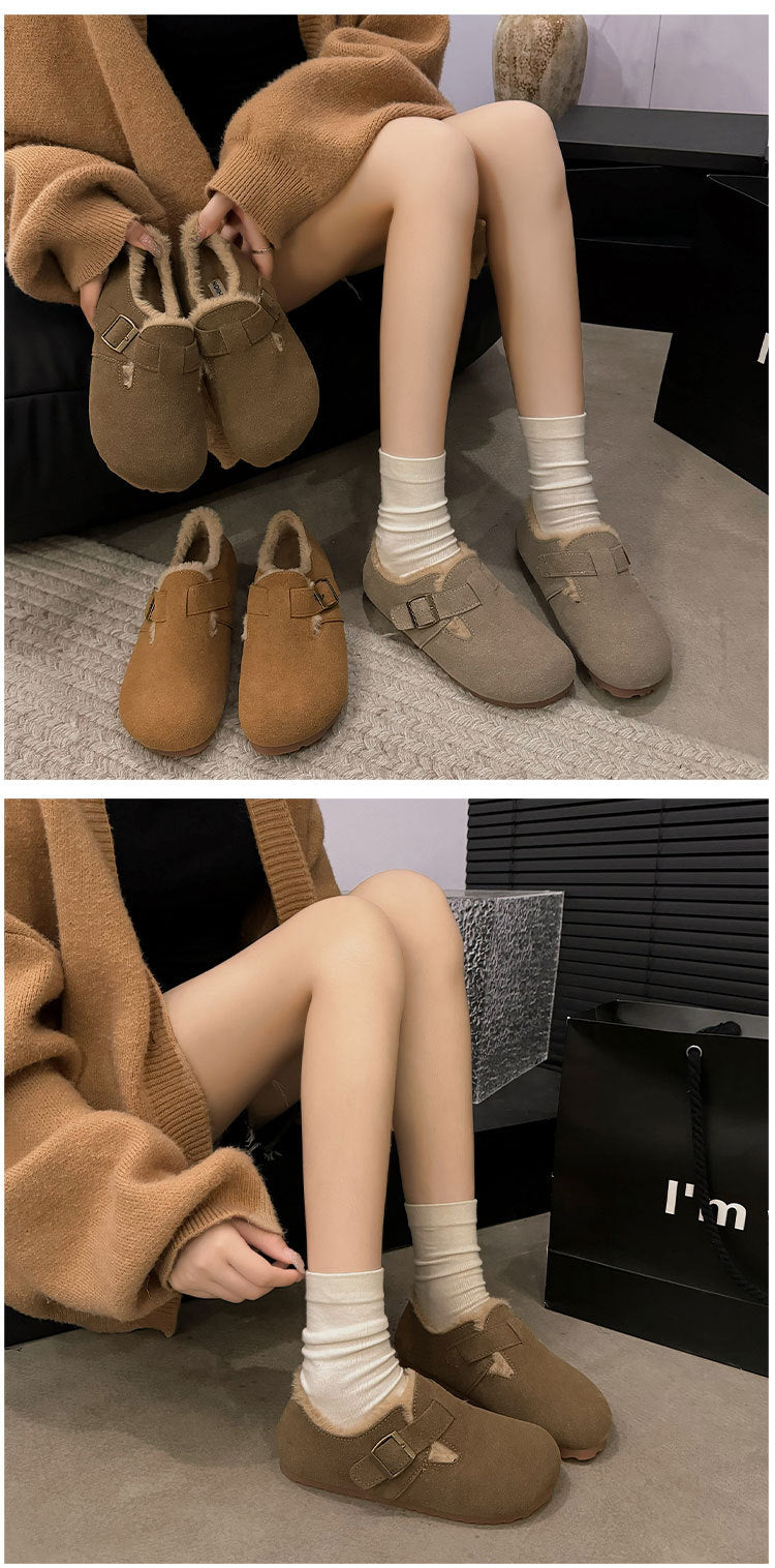 Winter retro round head flat-bottomed velvet thermal loafers