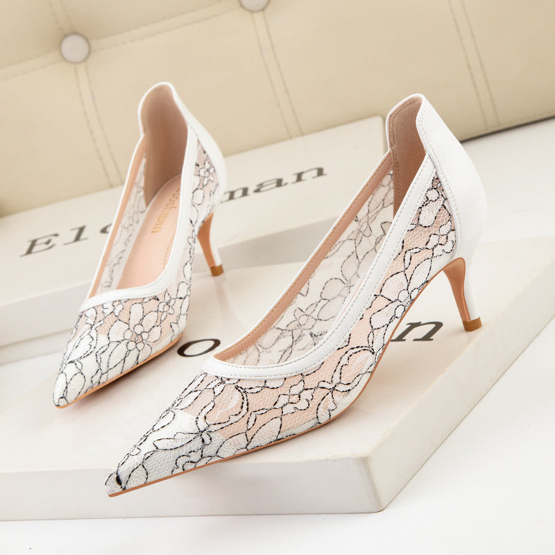 Sexy pointed hollow lace high heels