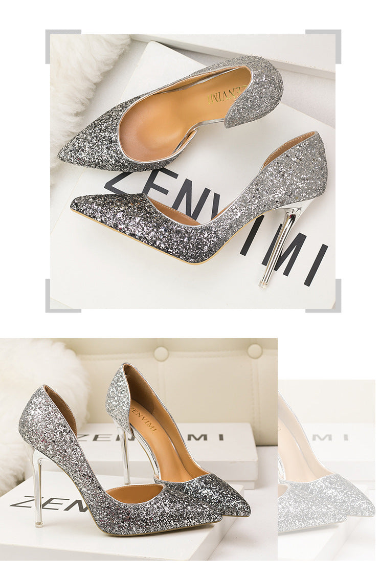 Sexy pointed side hollow sequin heels