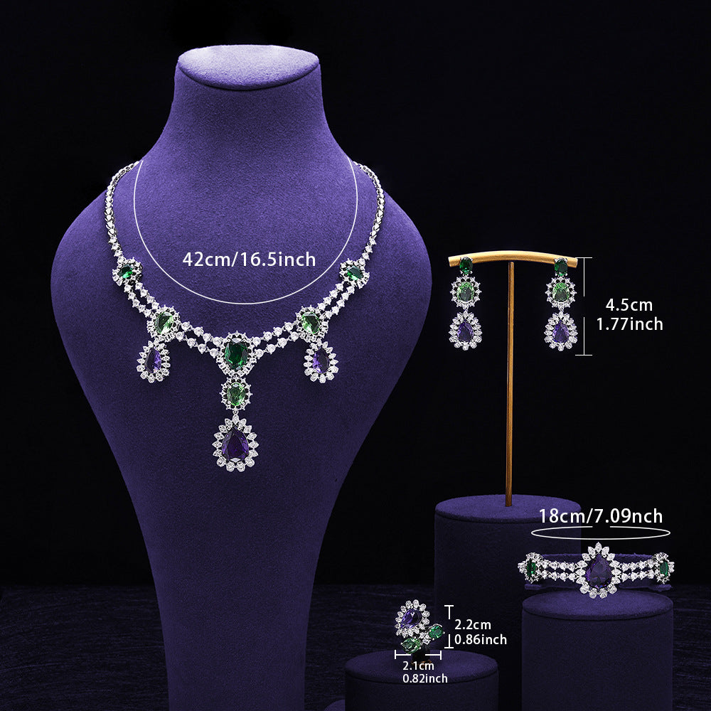 Luxury Purple Green Crystal Necklace Earrings Bracelet Ring Jewelry Set