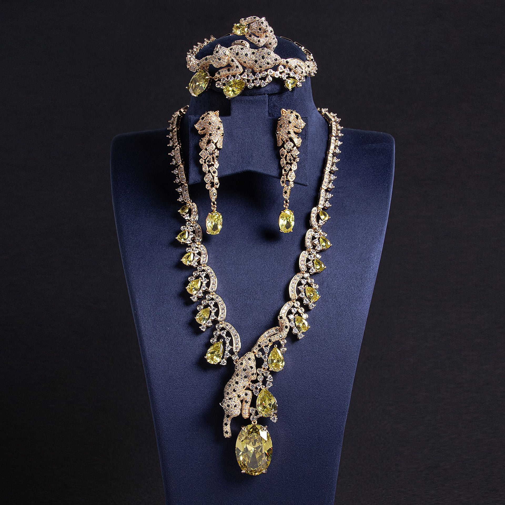 Luxury Ruby Red Leopard Jewelry Set – Gold Statement Necklace Earrings Bracelet