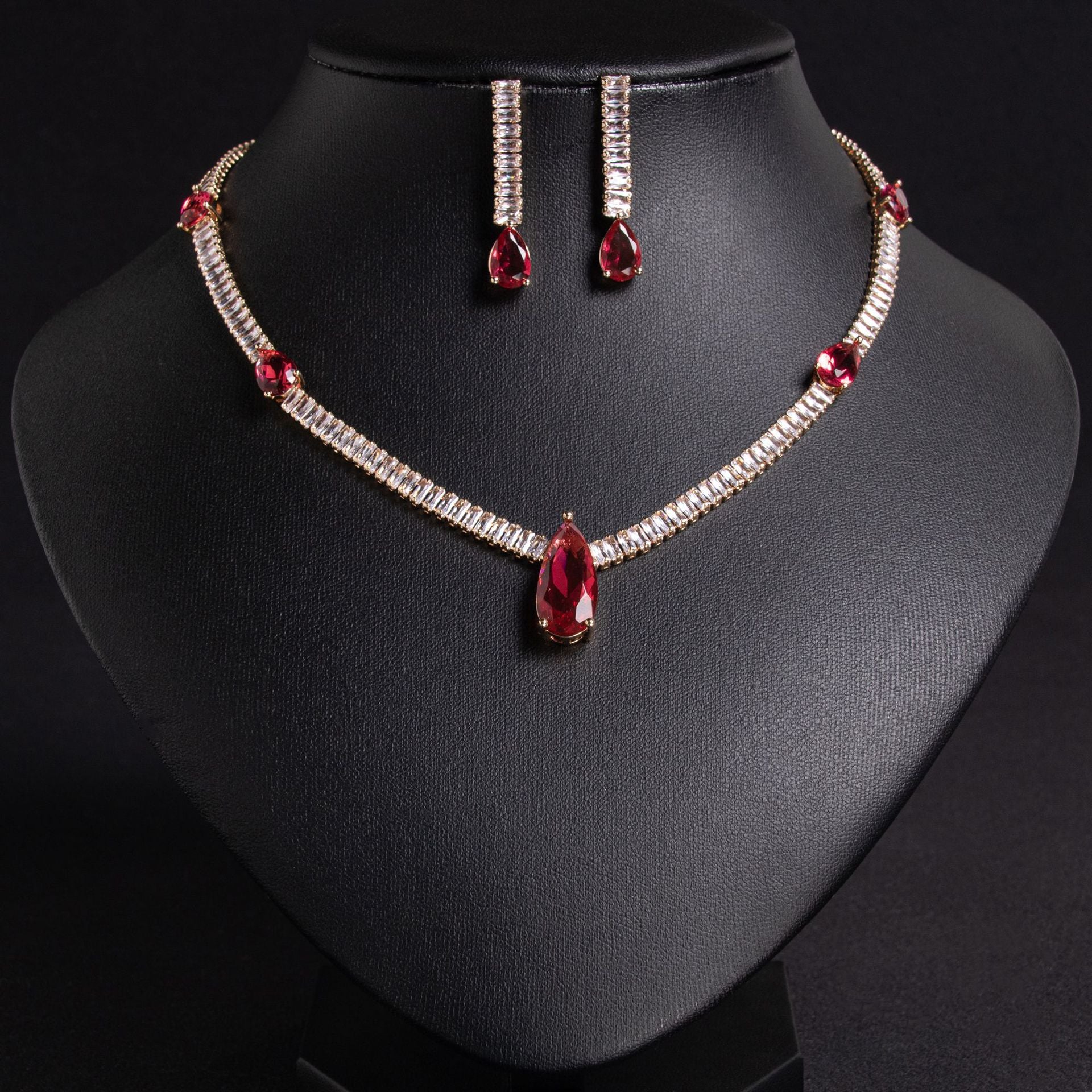 Luxury Ruby Red Teardrop Necklace Set for Women – Elegant Crystal Jewelry with Matching Earrings