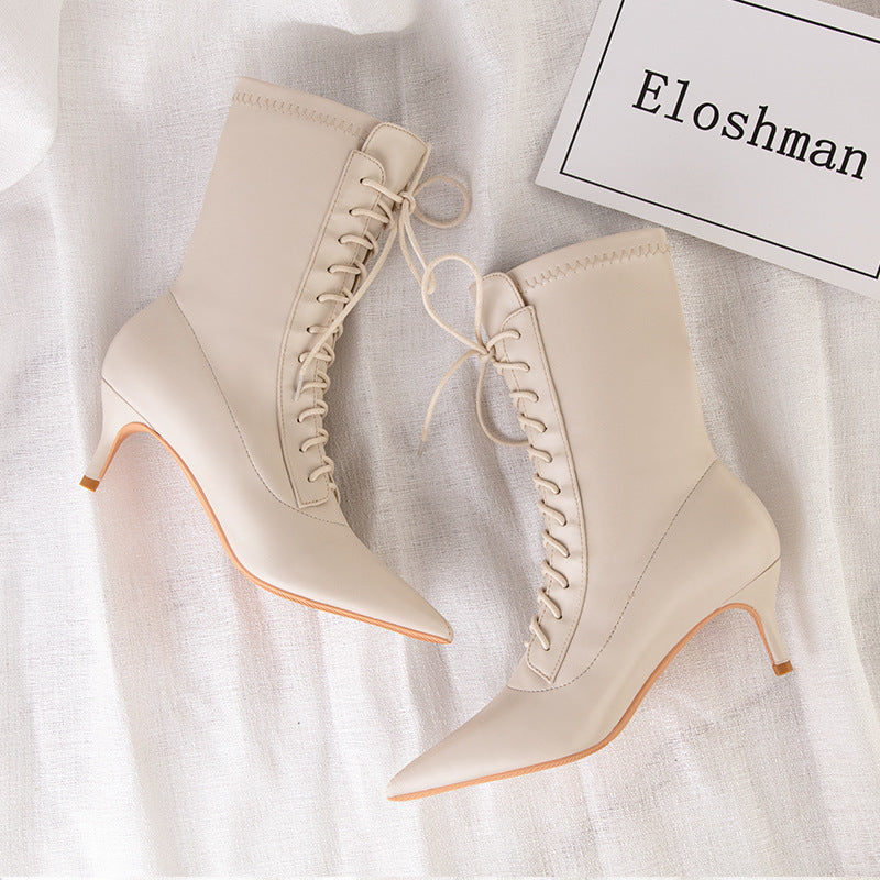 Fashion high-heeled strappy pointed elastic short boots