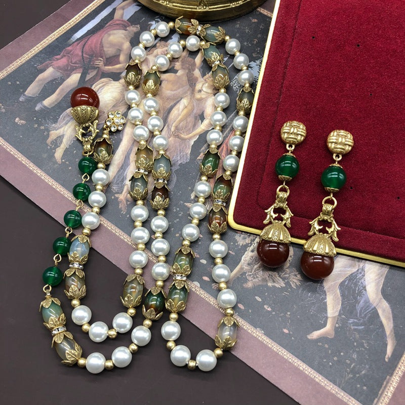 Boucles d'oreilles longues chaîne pull perles émaillées style vintage, ensemble collier boucles d'oreilles perles nao