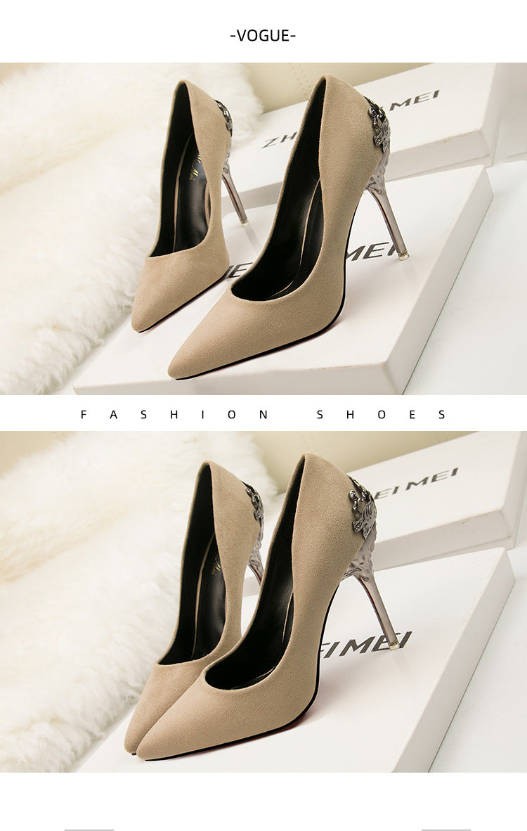 Metal hollow suede pointed heels