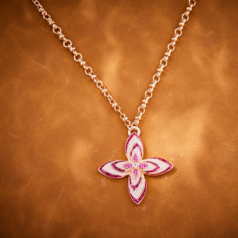 Fashion Gold Plated Red Diamond Flower Necklace