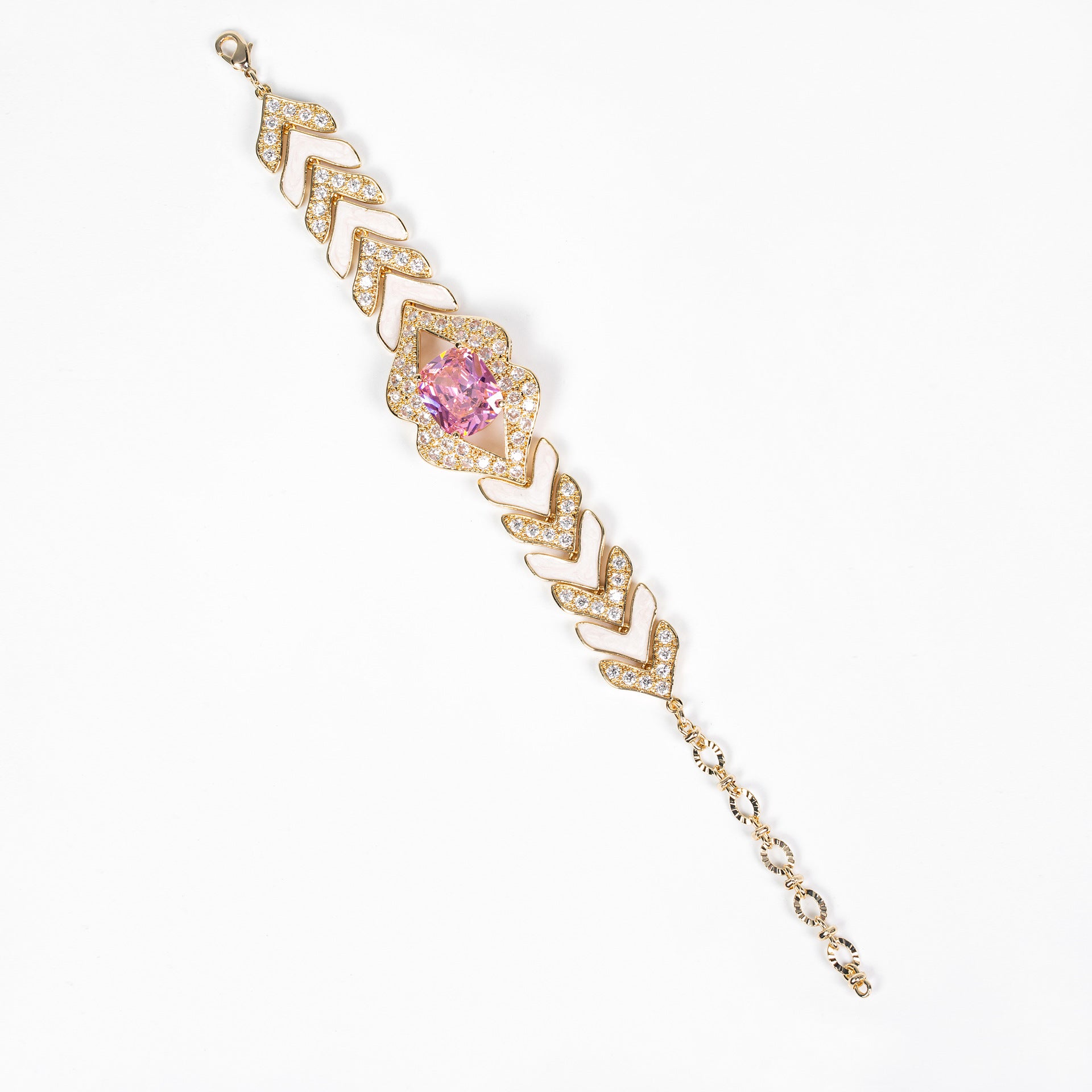 Luxury Ruby Red Crystal Bracelet – Gold Tone White Enamel Statement Jewelry for Women