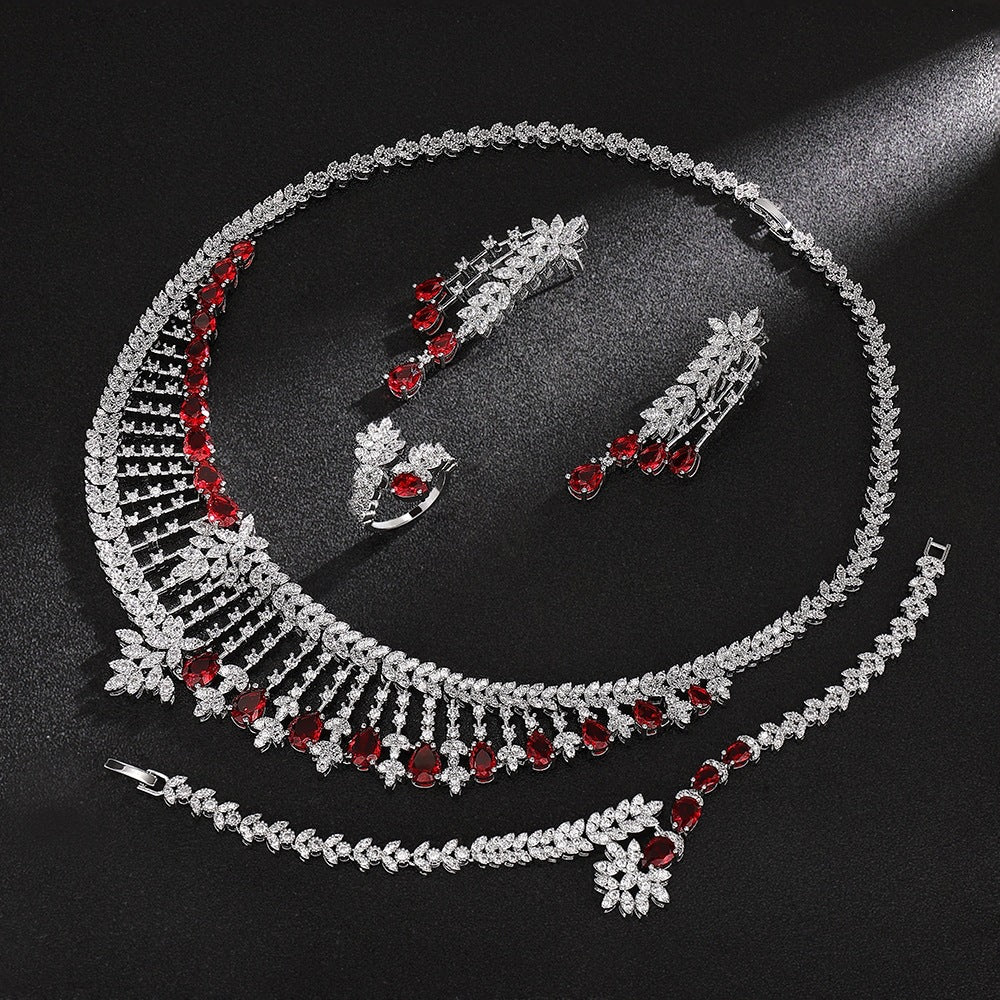 Luxury Red Crystal Tassel Jewelry Set – Necklace Earrings Bracelet Ring for Women