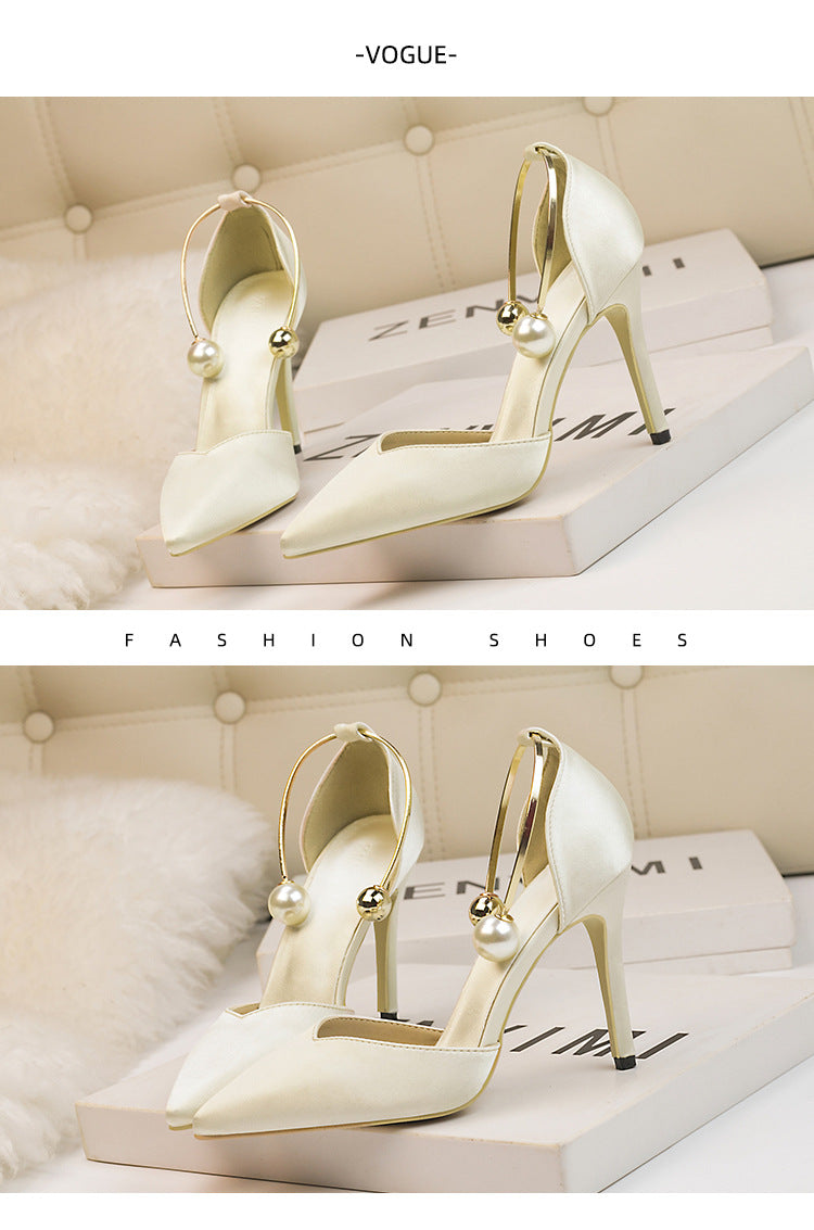 Fashion satin hollow metal word with high heel sandals