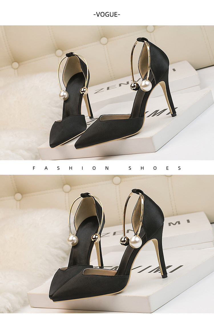 Fashion satin hollow metal word with high heel sandals