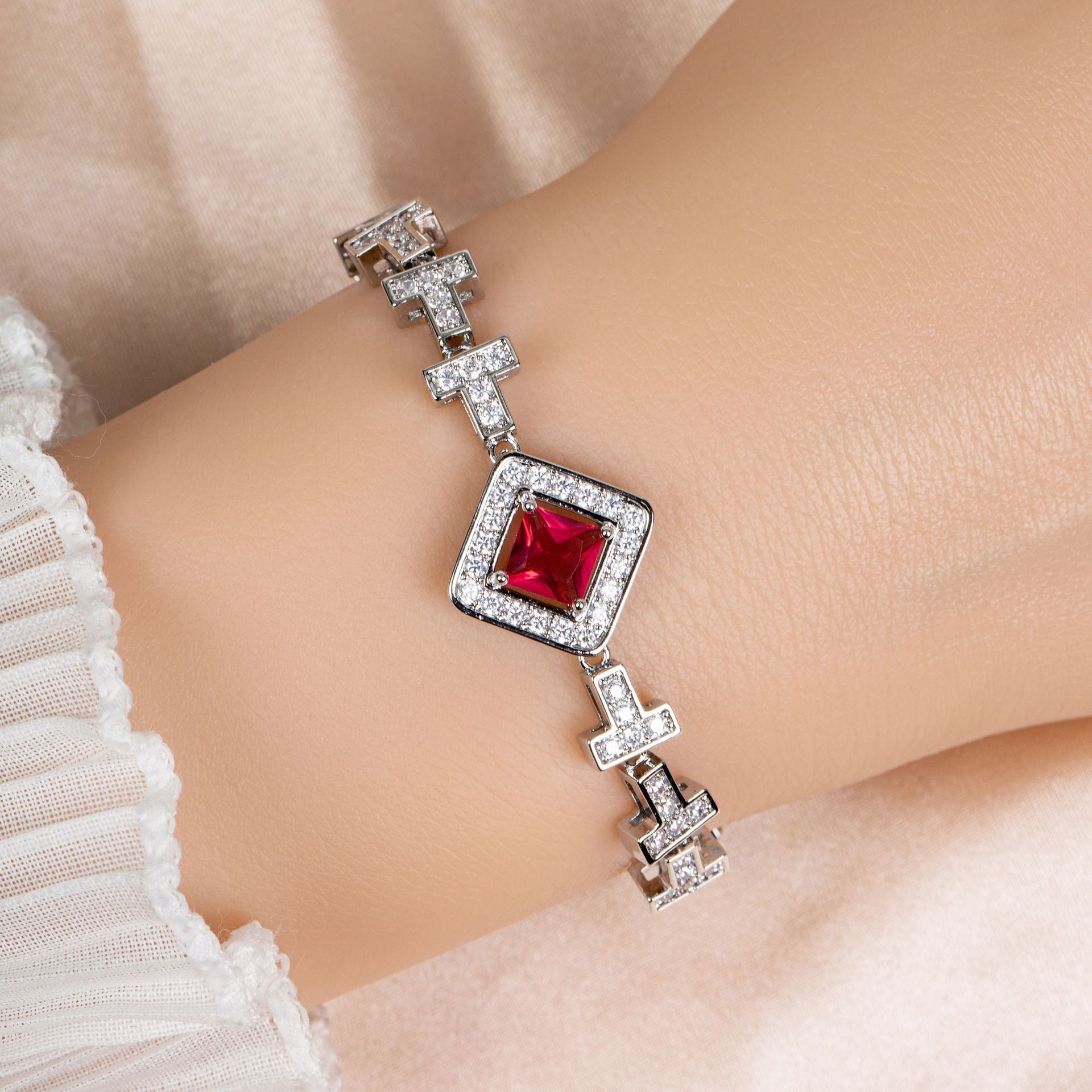Luxury Yellow Square Crystal Bracelet – Silver Tone Halo Statement Jewelry for Women