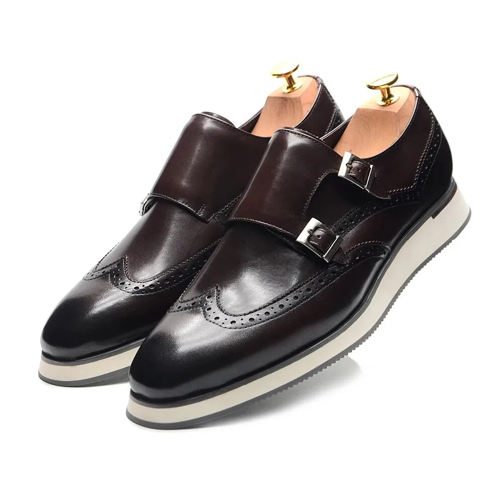 Black classic casual shoes Men's leather double-buckle sneakers