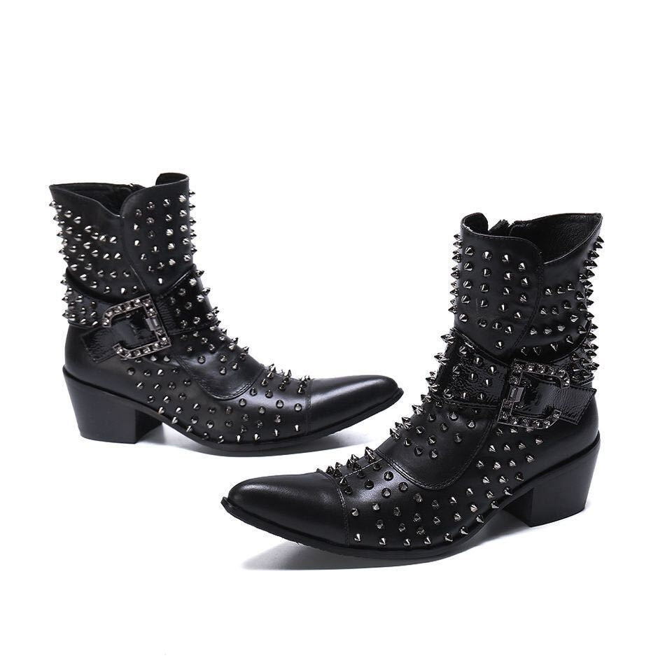 high heel pointed Leather Boots Men's shoes rivet men's Boots