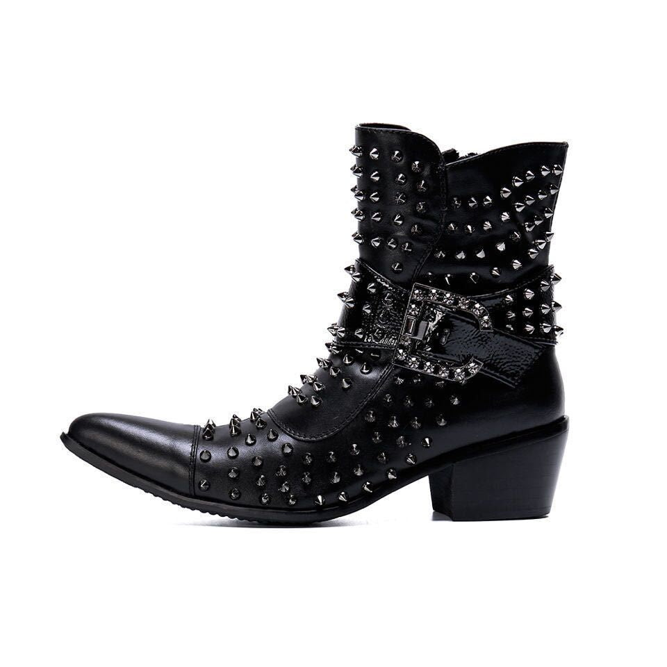 high heel pointed Leather Boots Men's shoes rivet men's Boots