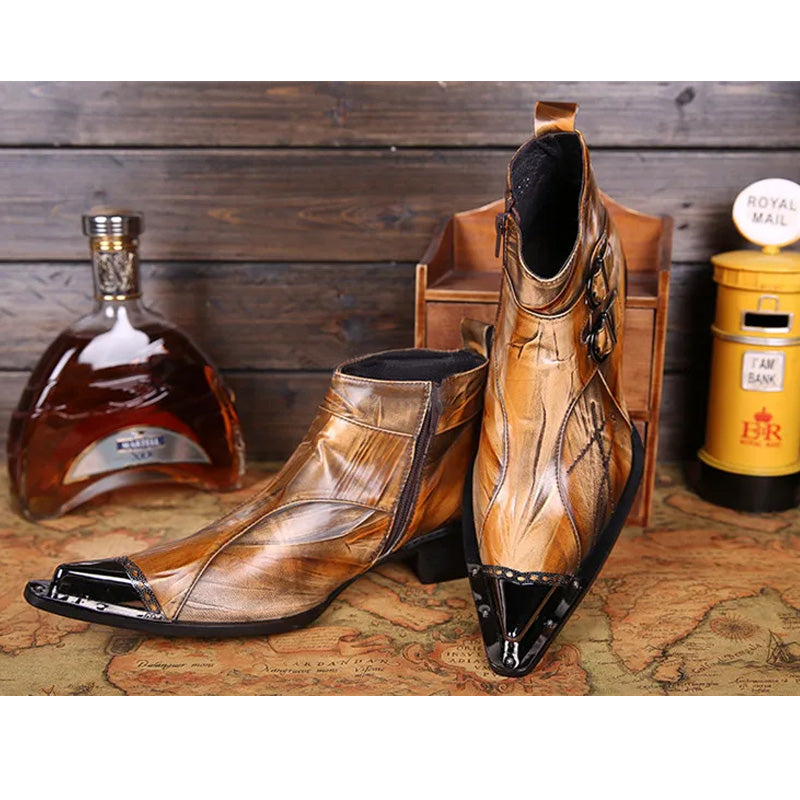 Brown vintage high-heeled men's pointed high-heeled motorcycle boots