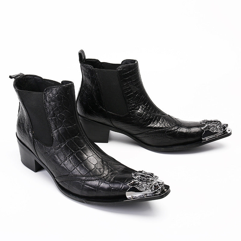 Black fashion Textured cowboy boots Italian party pointy ankle boots