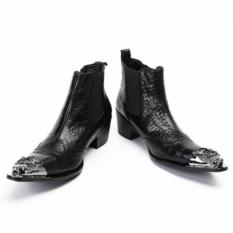 Black textured leather boots men's business shoes pointed cowboy boots