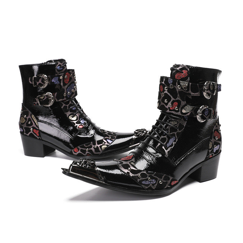 Black punk spliced high-heeled boots for men motorcycle high-heeled boots