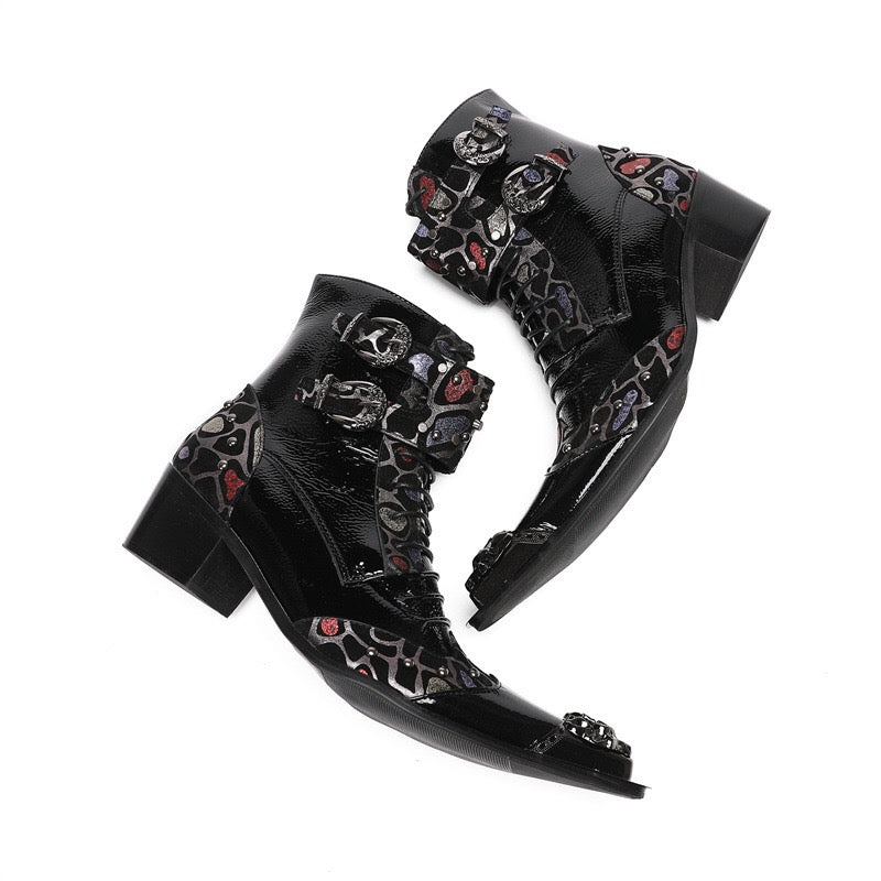 Black punk spliced high-heeled boots for men motorcycle high-heeled boots