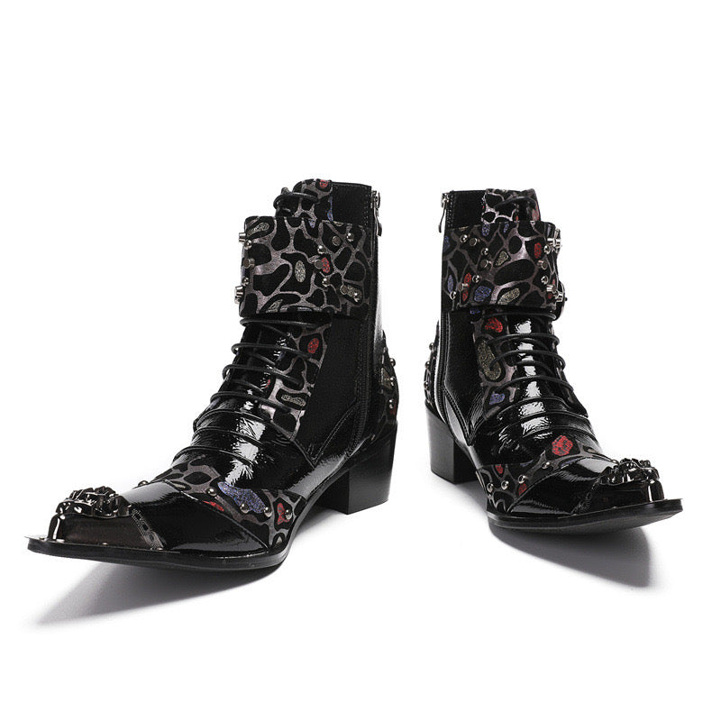 Black punk spliced high-heeled boots for men motorcycle high-heeled boots