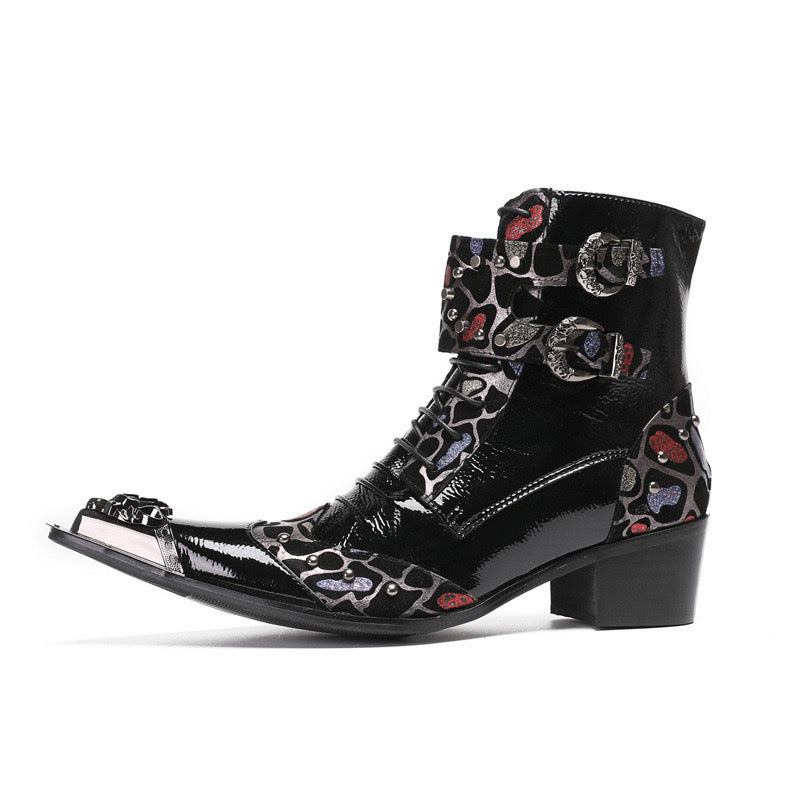 Black punk spliced high-heeled boots for men motorcycle high-heeled boots