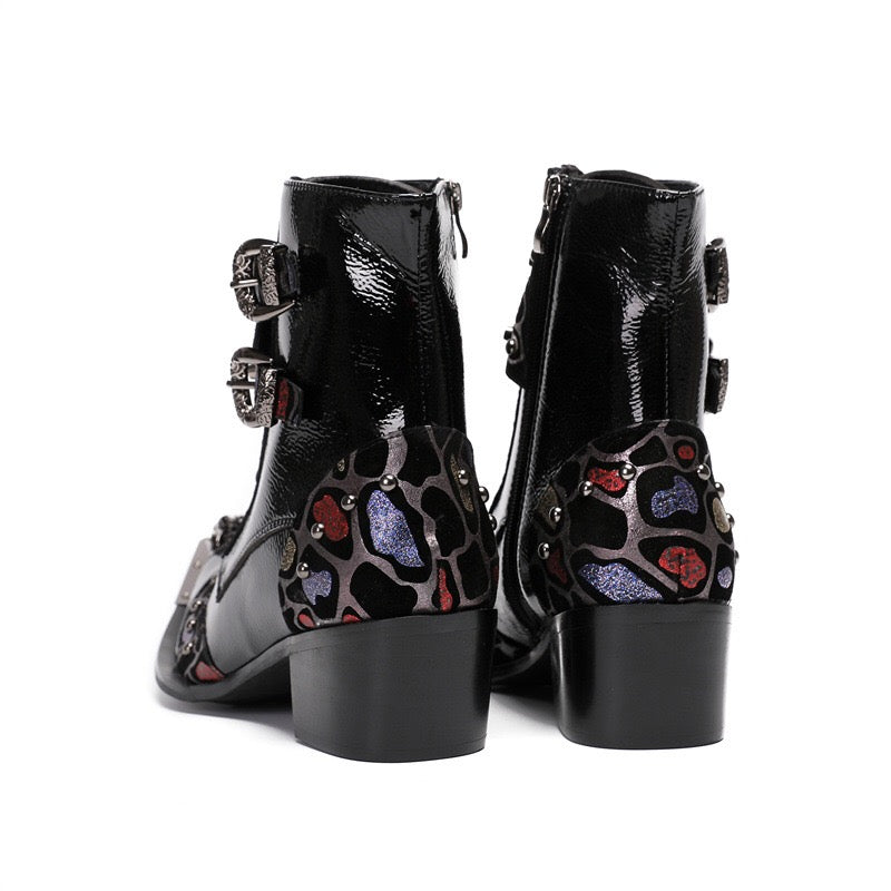 Black punk spliced high-heeled boots for men motorcycle high-heeled boots